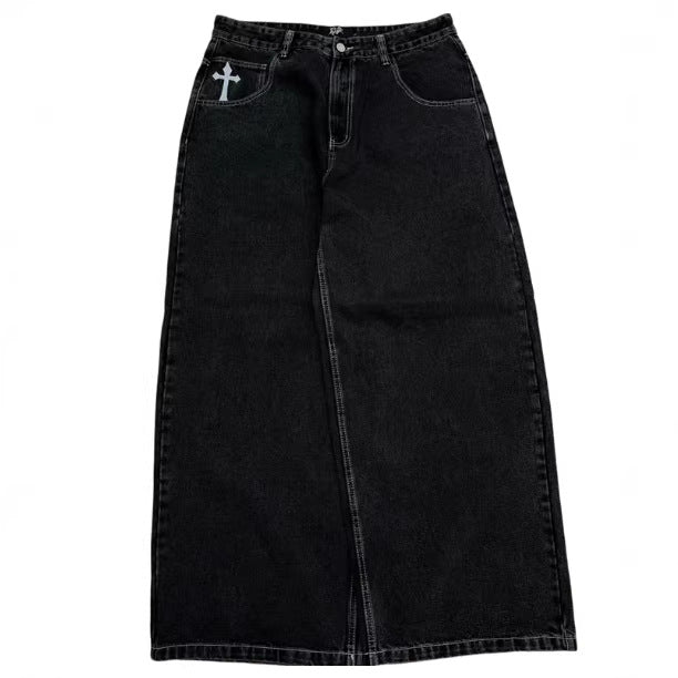 Loose straight-leg casual denim trousers with skull cross print